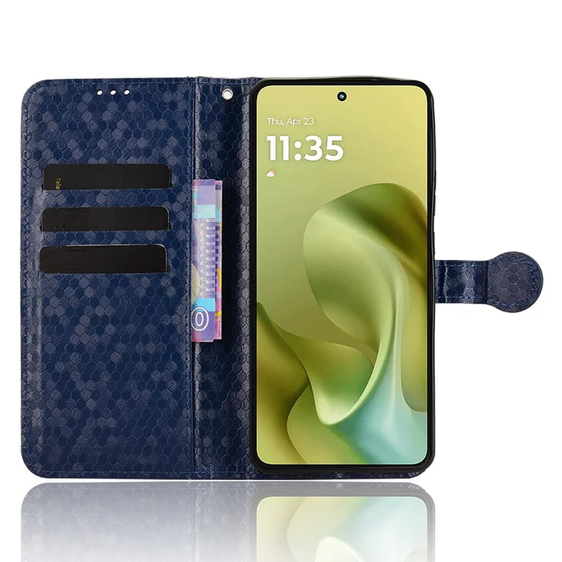 For Motorola Moto G86 5G Wallet Case Dot Pattern Imprint PU Leather Phone Cover with Wrist Strap - Dark Blue