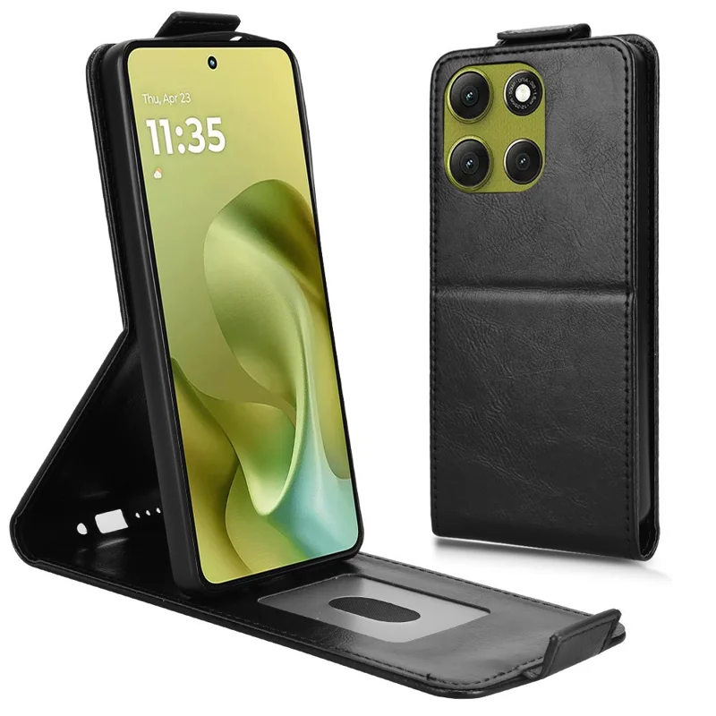 Für Motorola Moto G86 5G Handyhülle mit Ständer Magnetverschluss Vertikale Klappe Lederhülle mit Kartenhalter - Schwarz