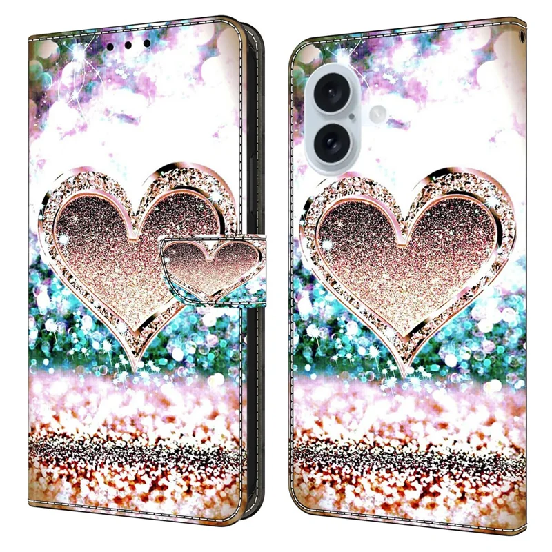For iPhone 17 Case 3D Pattern PU Leather Wallet Phone Cover with Stand - Pink Diamond Heart