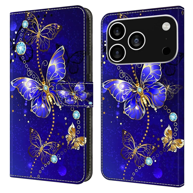 Voor iPhone 17 Pro Max hoesje 3D patroon PU leer portemonnee telefoonhoesje met standaard - Diamanten vlinder