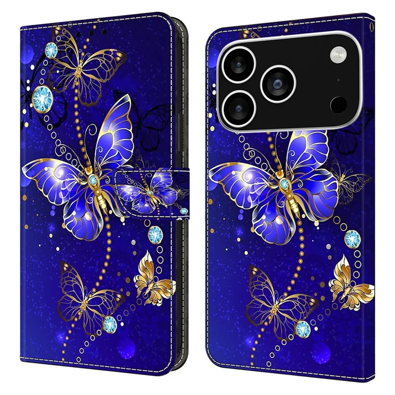 Voor iPhone 17 Pro hoesje 3D patroon PU lederen portemonnee telefoonhoesje met standaard - Diamanten vlinder