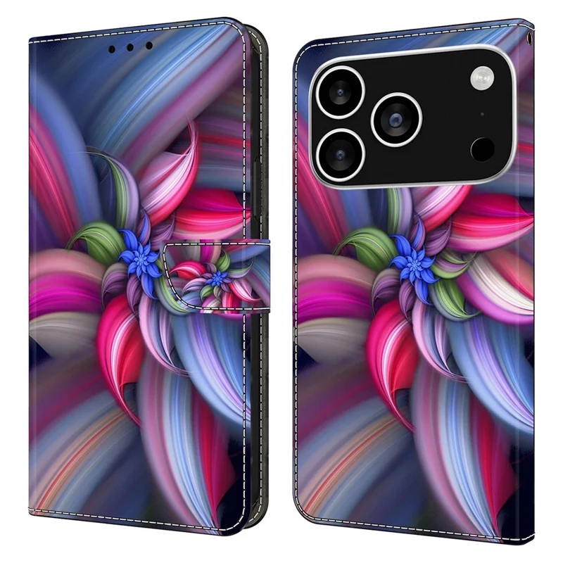 Für iPhone 17 Pro Hülle mit 3D-Muster aus Kunstleder, Geldbörsen-Handyhülle mit Ständer - Bunte Blumen