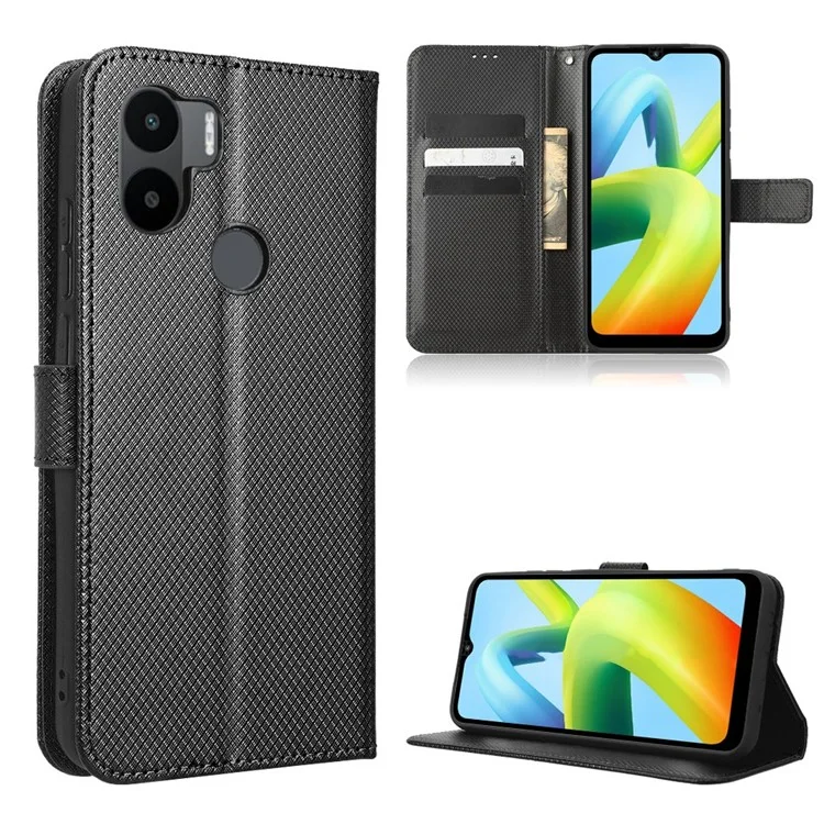 Para Xiaomi Redmi A1+ 4G Textura de Diamante PU Caja de Billetera de Cajas de Cajas Magnéticas de Cuero - Negro