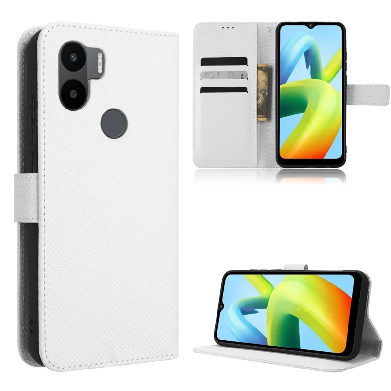 För Xiaomi Redmi A1+ 4G / Poco C50 4G / A2+ 4G Diamantstruktur PU-läder Ställfot Magnetisk Spänne Hölse Plånbok Telefonhölje - Vit