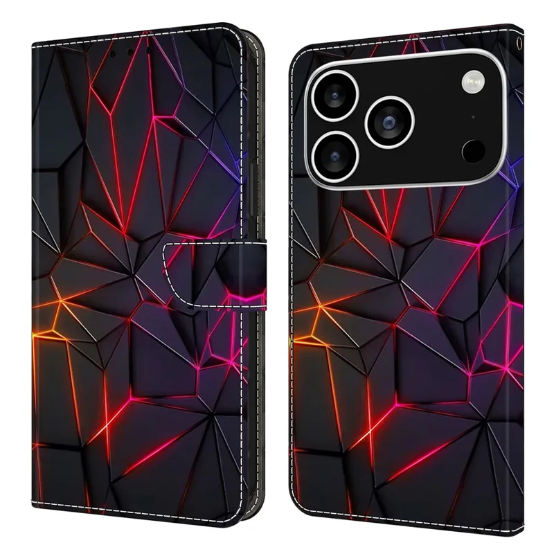 For iPhone 17 Pro Max Case with Card Slot Pattern Printed TPU + PU Leather Flip Phone Cover - Red Cracks