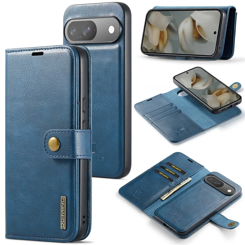 DG.MING pour Google Pixel 10 Pro / Étui Pixel 10 en Cuir Véritable Amovible - Bleu