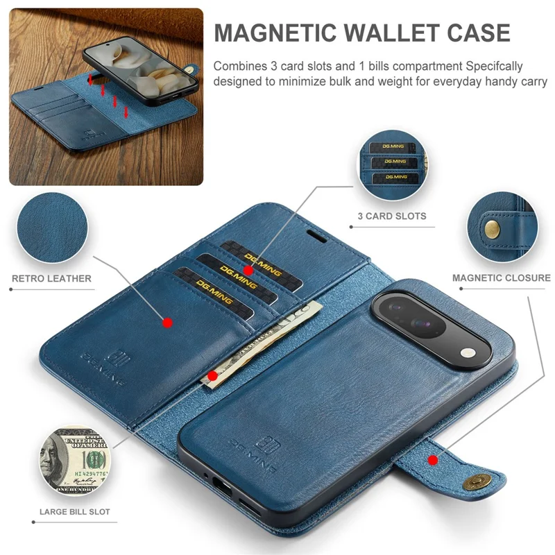 DG.MING pour Google Pixel 10 Pro / Étui Pixel 10 en Cuir Véritable Amovible - Bleu