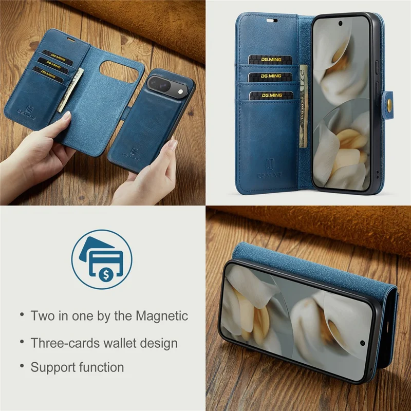 DG.MING pour Google Pixel 10 Pro / Étui Pixel 10 en Cuir Véritable Amovible - Bleu