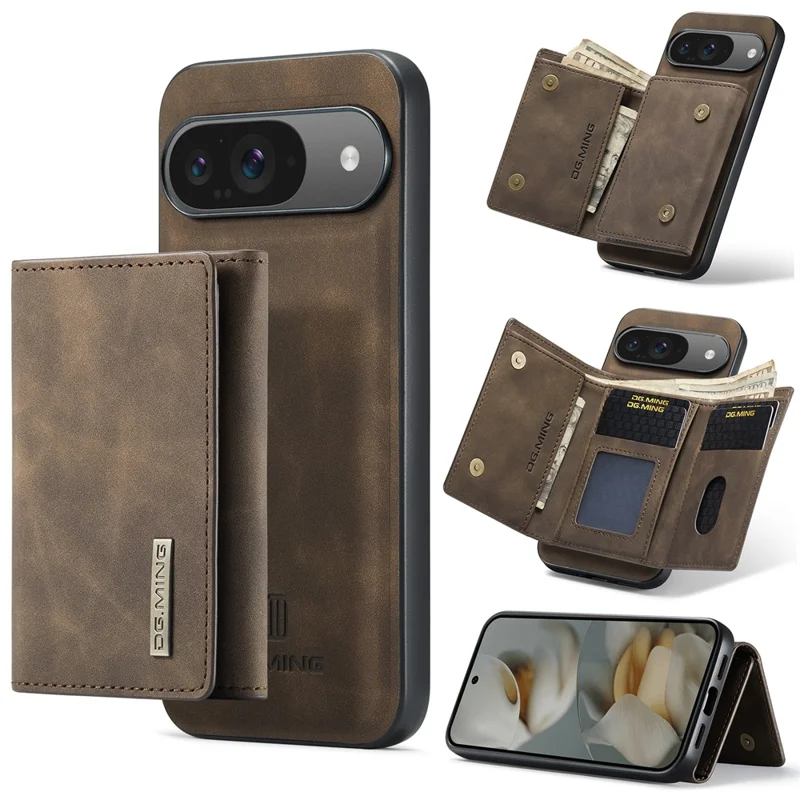 DG.MING Série M1 para Capa de Celular Google Pixel 10 Pro / Pixel 10 com Suporte, Carteira Removível em Couro PU - Marrom Café