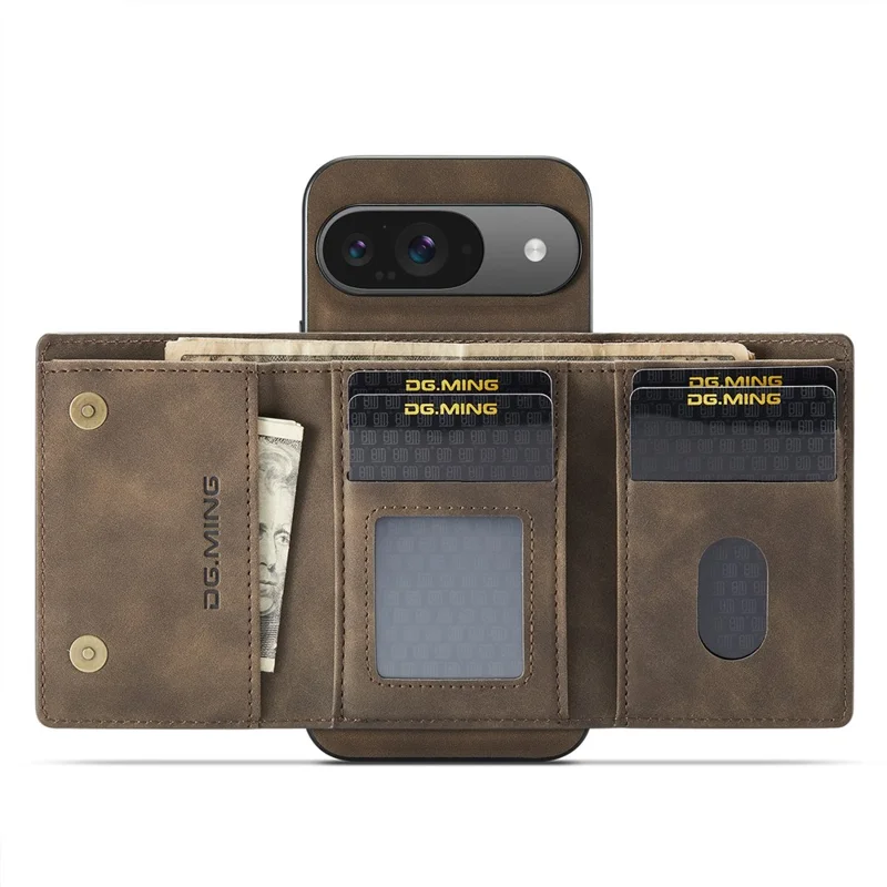 DG.MING Série M1 para Capa de Celular Google Pixel 10 Pro / Pixel 10 com Suporte, Carteira Removível em Couro PU - Marrom Café