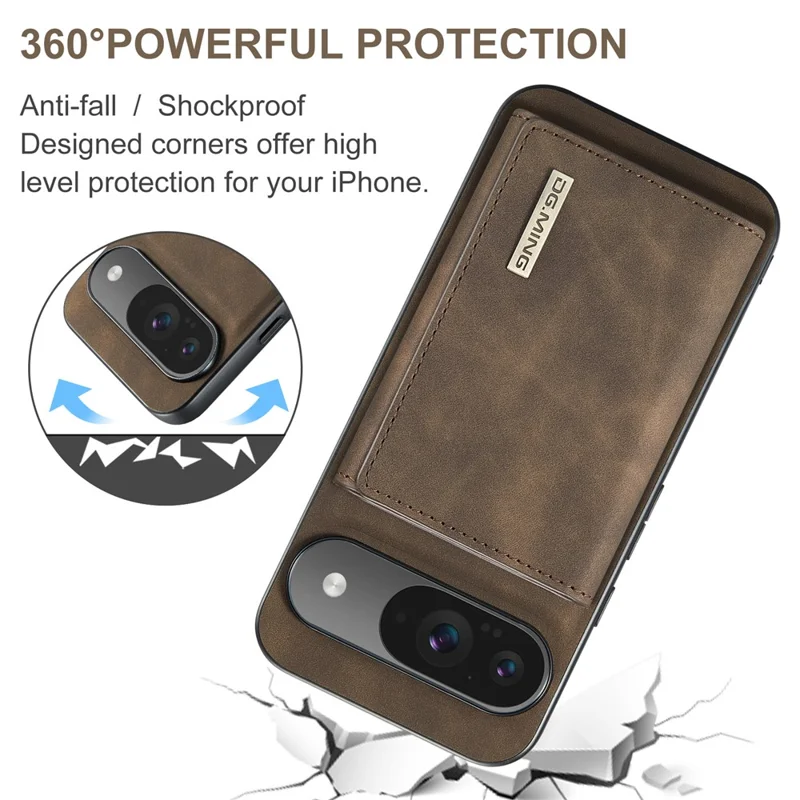 DG.MING Série M1 para Capa de Celular Google Pixel 10 Pro / Pixel 10 com Suporte, Carteira Removível em Couro PU - Marrom Café