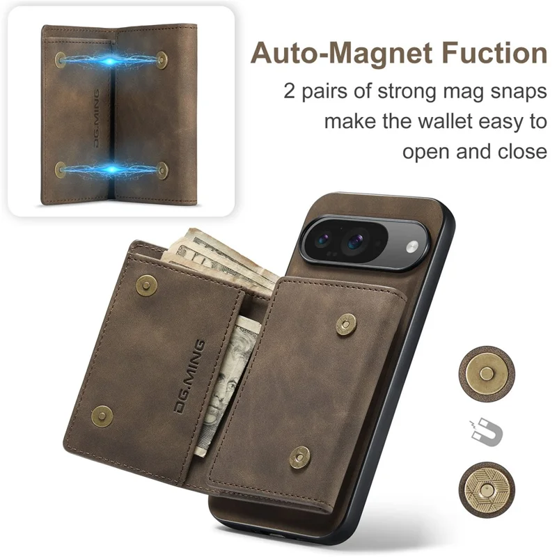 DG.MING Série M1 para Capa de Celular Google Pixel 10 Pro / Pixel 10 com Suporte, Carteira Removível em Couro PU - Marrom Café