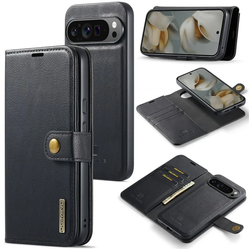 DG.MING pour Google Pixel 10 Pro XL Étui Couvercle de téléphone en cuir détachable et divisé - Noir