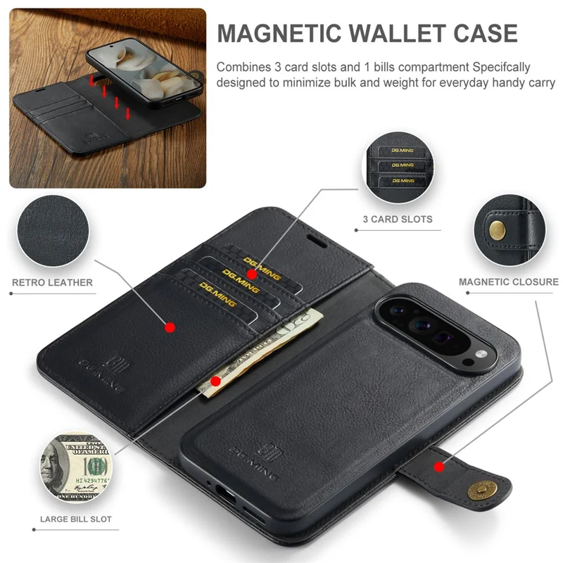 DG.MING pour Google Pixel 10 Pro XL Étui Couvercle de téléphone en cuir détachable et divisé - Noir