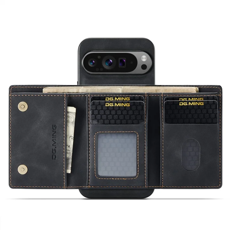 DG.MING M1 Série pour Google Pixel 10 Pro XL Étui Béquille Couverture de téléphone en PU avec Portefeuille Détachable - Noir