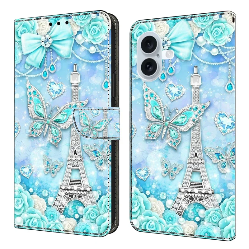 For iPhone 17 Wallet Case Pattern Printing Stand Leather Flip Phone Cover - Butterfly Cobalt Tower