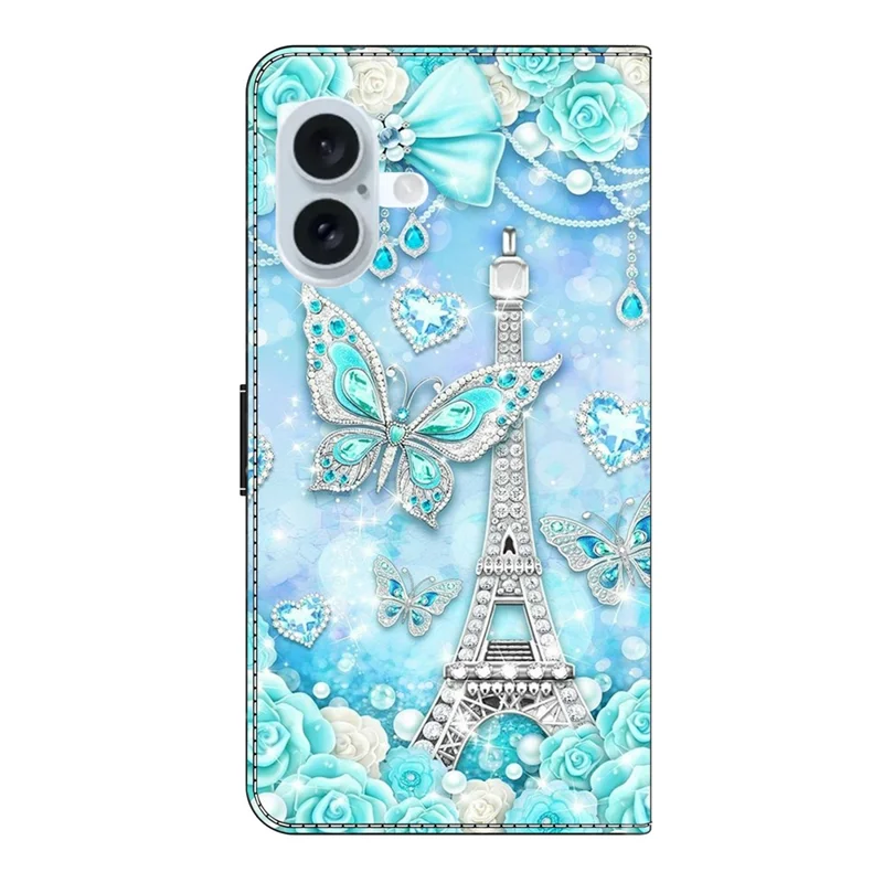 For iPhone 17 Wallet Case Pattern Printing Stand Leather Flip Phone Cover - Butterfly Cobalt Tower