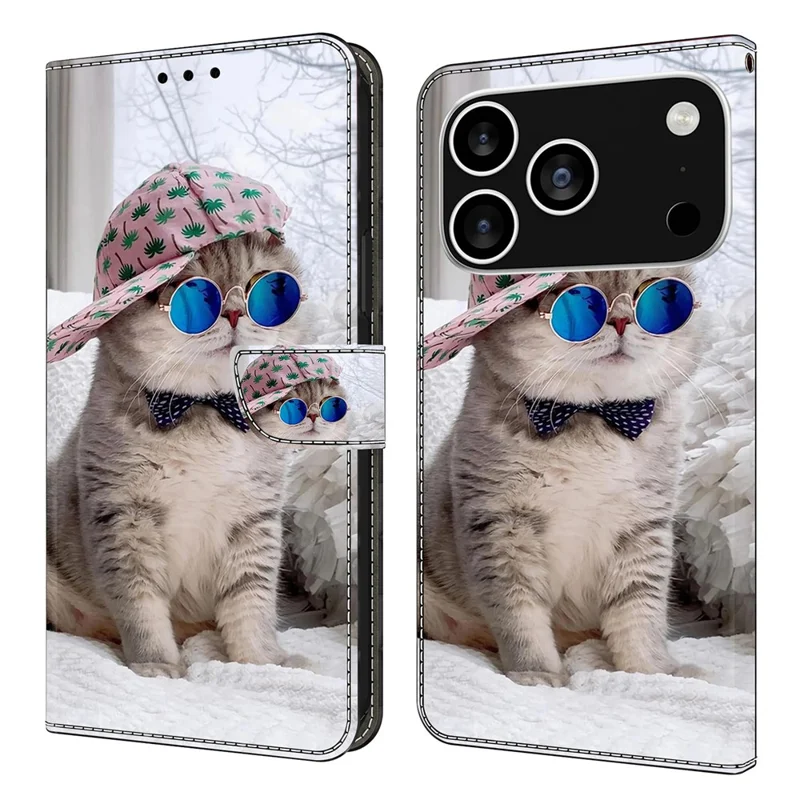 For iPhone 18 Pro / 17 Pro Wallet Case Pattern Printing Stand Leather Flip Phone Cover - Hat Cat