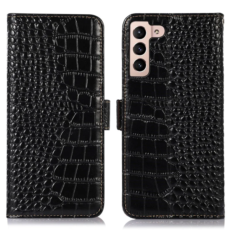 Pour Samsung Galaxy S23 Crocodile Texture Genuine Cowhide Leather Phone Case RFID Blocking Wallet Magnetic Closure Stand Folio Cover - Noir