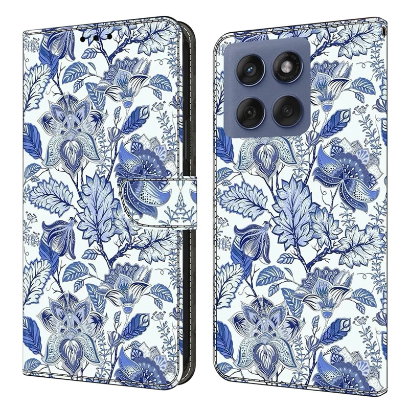 Für Motorola Edge 60 Fusion 5G / Edge 60 5G Lederhülle mit Musterdruck, Brieftasche, Ständer, Flip-Handyhülle - Blauer Blumenbusch