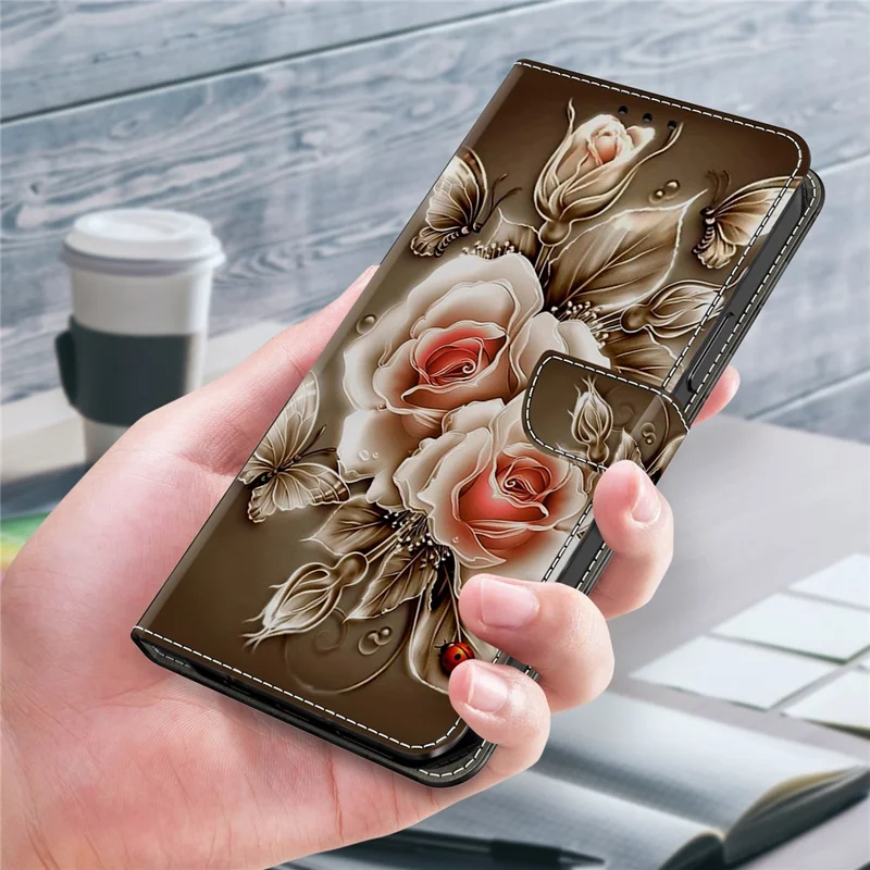 For iPhone 17 Air Case Wallet Stand Pattern Printing PU Leather Flip Phone Cover - Brown Rose
