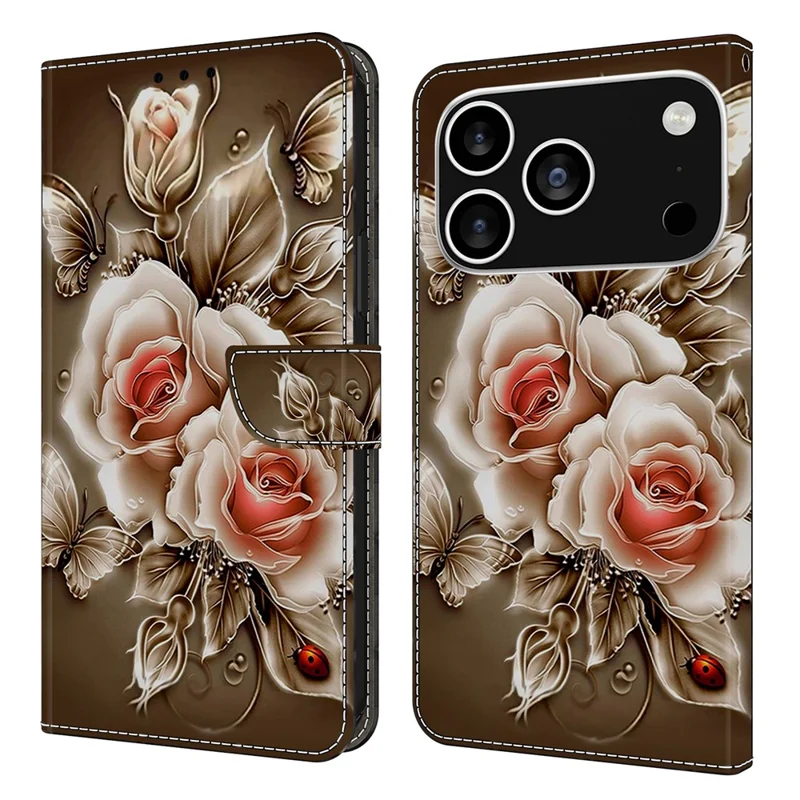 For iPhone 18 Pro / 17 Pro Case Wallet Stand Pattern Printing PU Leather Flip Phone Cover - Brown Rose
