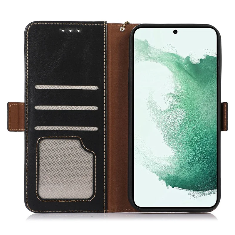 Für Samsung Galaxy S23 RFID Blockieren Echtes Kuhlatten -leder -brieftaschenabdeckung Crazy Horse Textur Magnetic Clasp Stand Book Schutz Telefonhülle - Schwarz