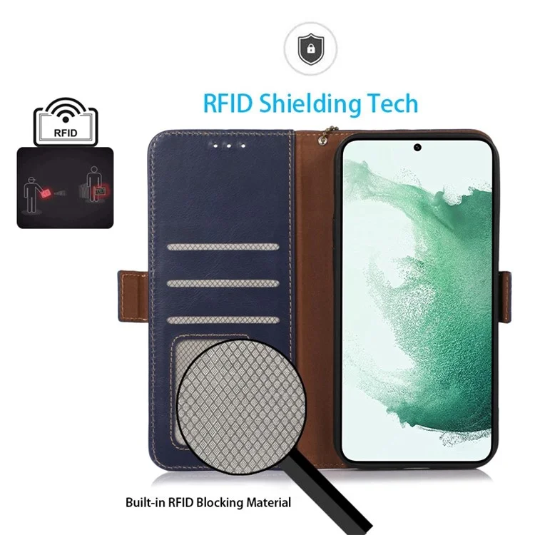 Für Samsung Galaxy S23 RFID Blockieren Echtes Kuhlatten -leder -brieftaschenabdeckung Crazy Horse Textur Magnetic Clasp Stand Book Schutz Telefonhülle - Blau