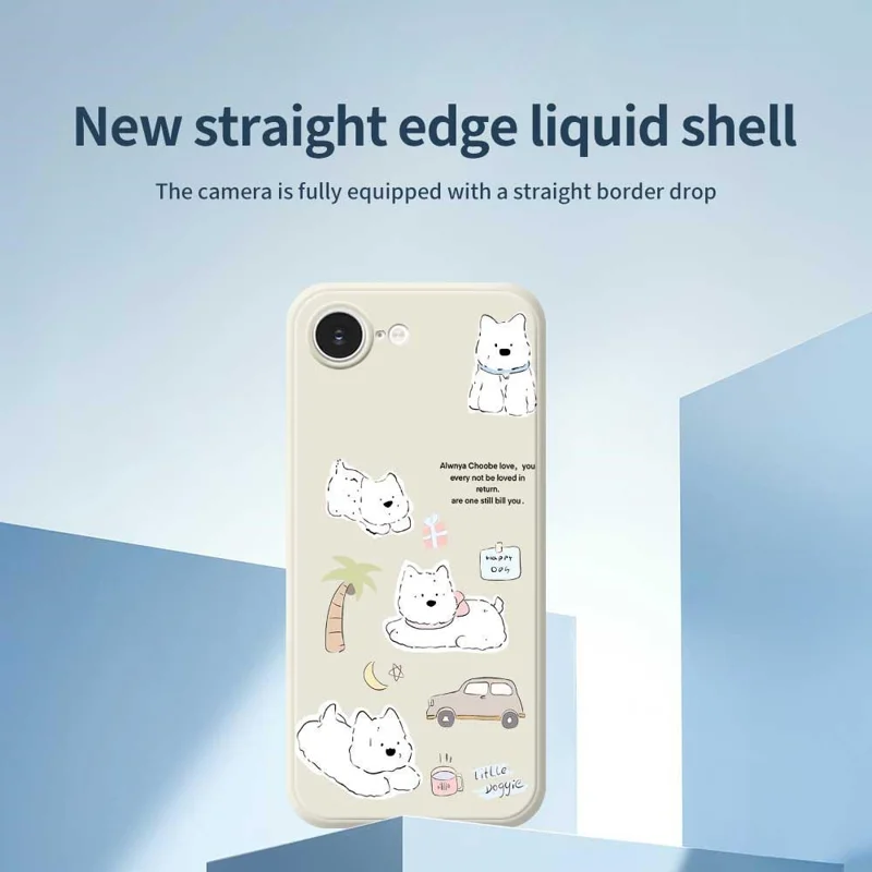 For iPhone 16e Case Cute Happy Dog Pattern Printing Straight Edge TPU Phone Back Cover - Beige