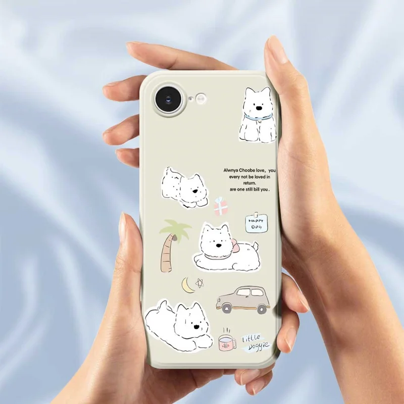 For iPhone 16e Case Cute Happy Dog Pattern Printing Straight Edge TPU Phone Back Cover - Beige