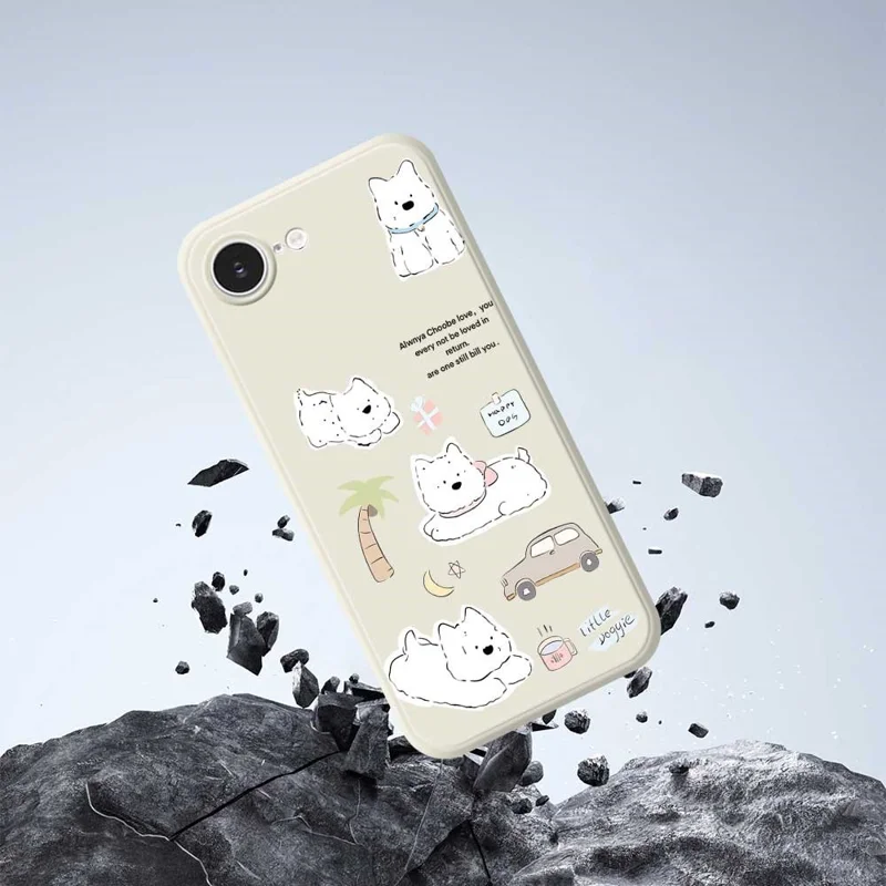 For iPhone 16e Case Cute Happy Dog Pattern Printing Straight Edge TPU Phone Back Cover - Beige