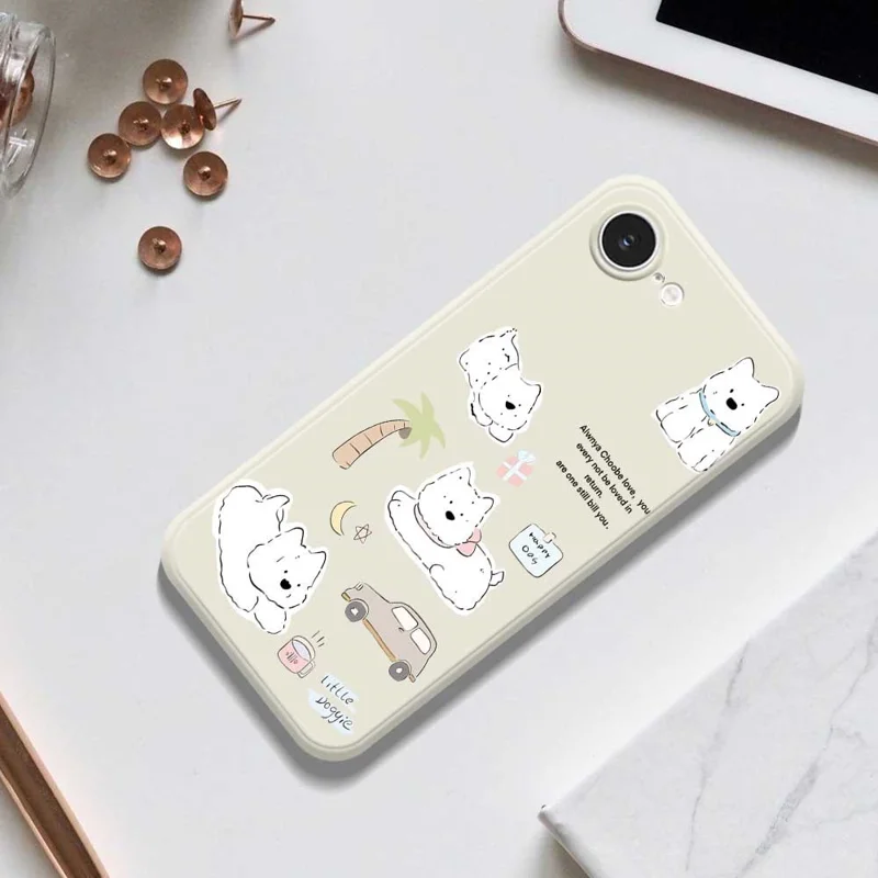 For iPhone 16e Case Cute Happy Dog Pattern Printing Straight Edge TPU Phone Back Cover - Beige