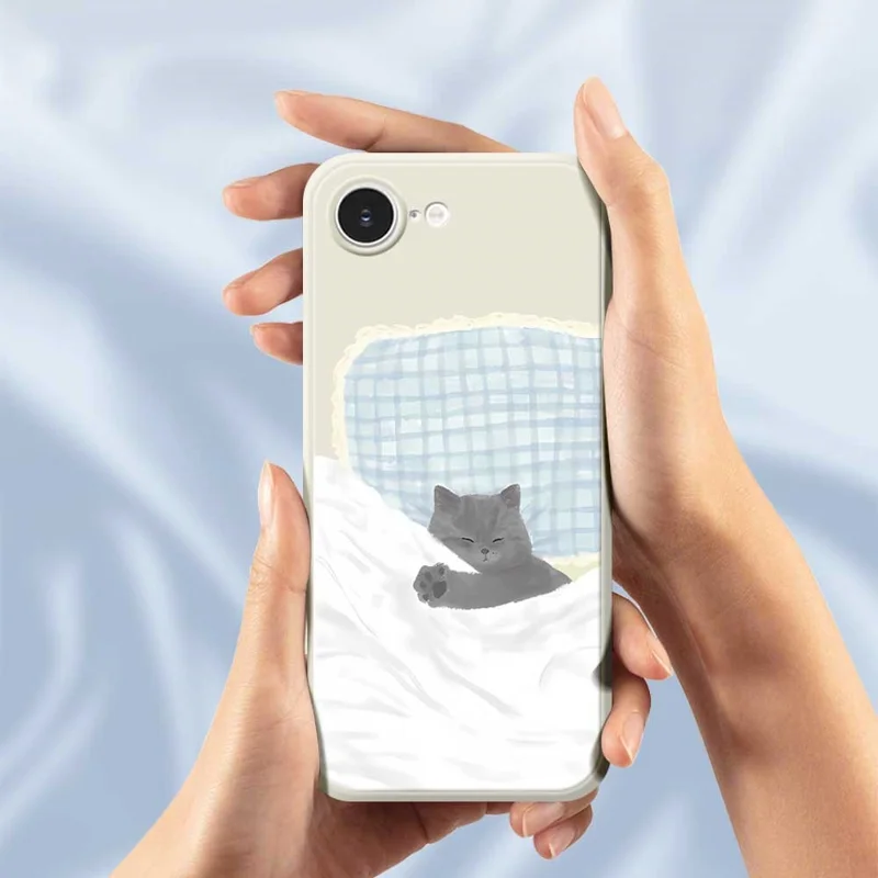 For iPhone 16e Case Cute Sleeping Cat Pattern Printing Straight Edge TPU Phone Back Cover - Beige