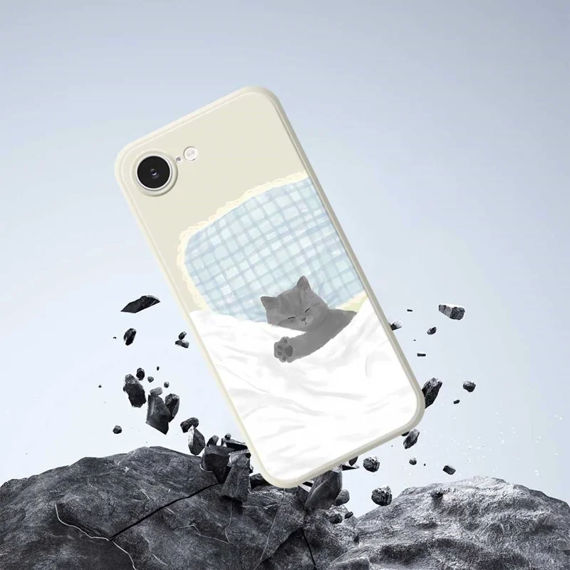 For iPhone 16e Case Cute Sleeping Cat Pattern Printing Straight Edge TPU Phone Back Cover - Beige