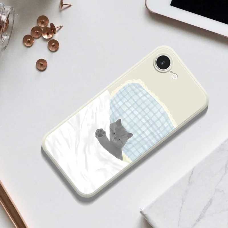 For iPhone 16e Case Cute Sleeping Cat Pattern Printing Straight Edge TPU Phone Back Cover - Beige
