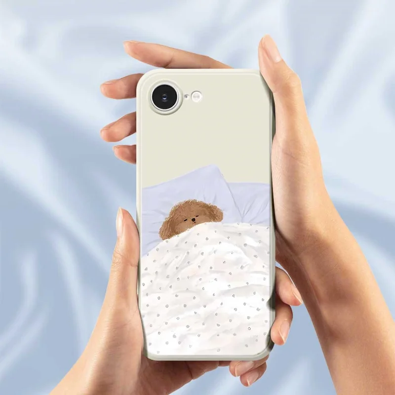 For iPhone 16e Case Cute Sleeping Dog Pattern Printing Straight Edge TPU Phone Back Cover - Beige