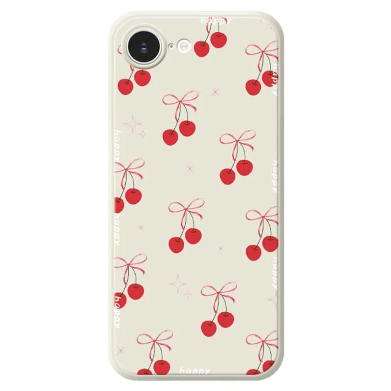 For iPhone 16e Case Cute Bow Cherry Pattern Printing Straight Edge TPU Phone Back Cover - Beige