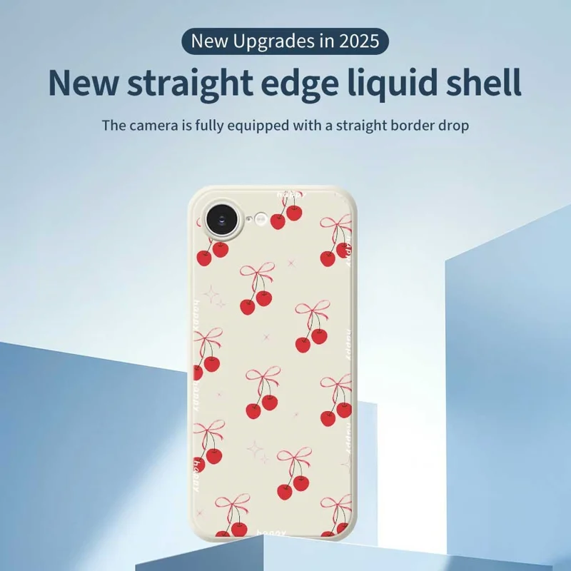 For iPhone 16e Case Cute Bow Cherry Pattern Printing Straight Edge TPU Phone Back Cover - Beige