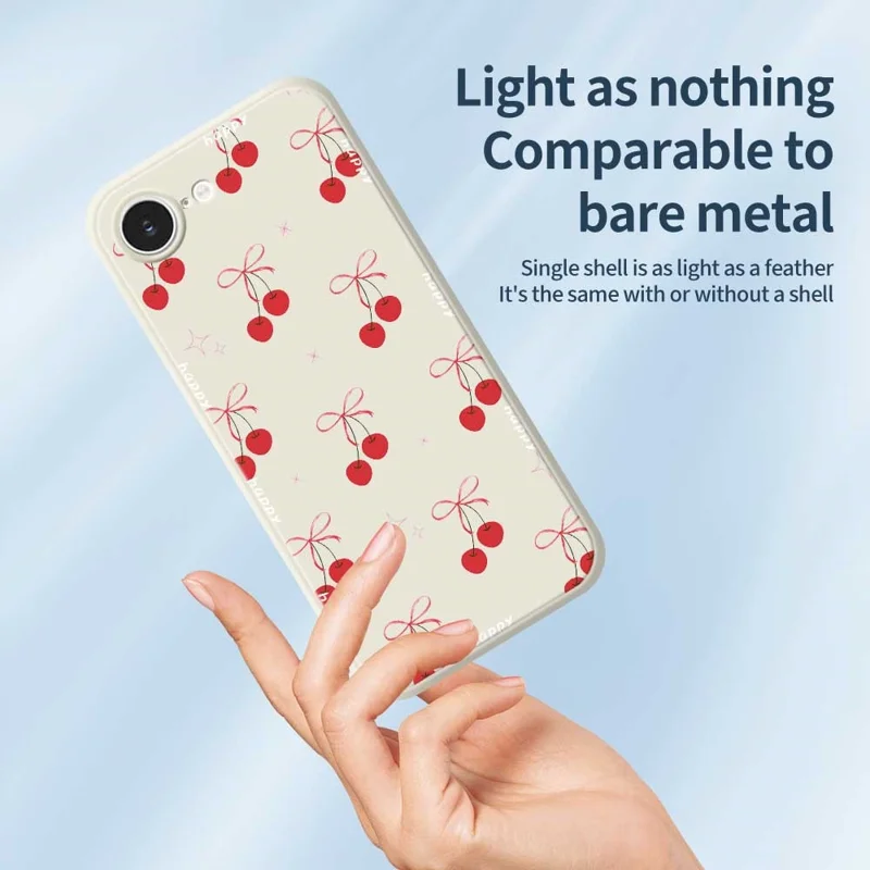 For iPhone 16e Case Cute Bow Cherry Pattern Printing Straight Edge TPU Phone Back Cover - Beige