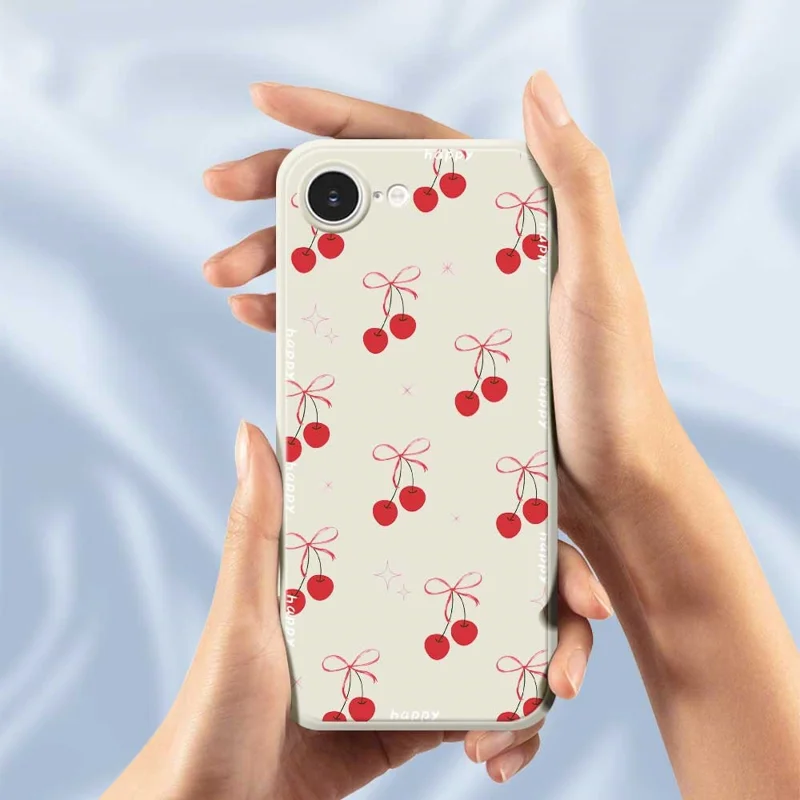 For iPhone 16e Case Cute Bow Cherry Pattern Printing Straight Edge TPU Phone Back Cover - Beige