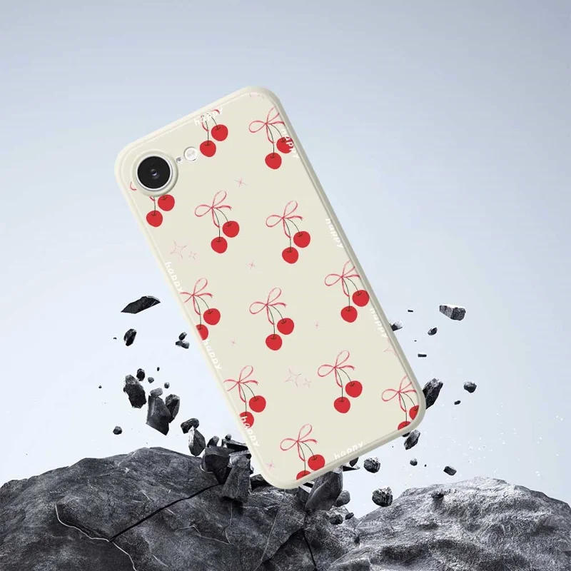 For iPhone 16e Case Cute Bow Cherry Pattern Printing Straight Edge TPU Phone Back Cover - Beige