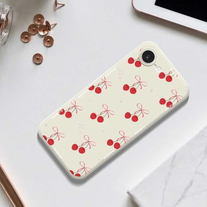 For iPhone 16e Case Cute Bow Cherry Pattern Printing Straight Edge TPU Phone Back Cover - Beige