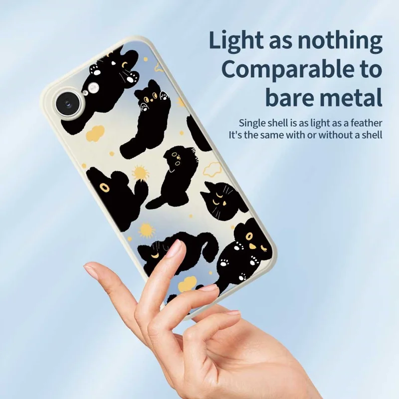 For iPhone 16e Case Cute Black Cat Pattern Printing Straight Edge TPU Phone Back Cover - Beige