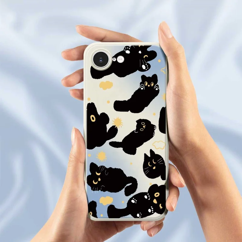 For iPhone 16e Case Cute Black Cat Pattern Printing Straight Edge TPU Phone Back Cover - Beige