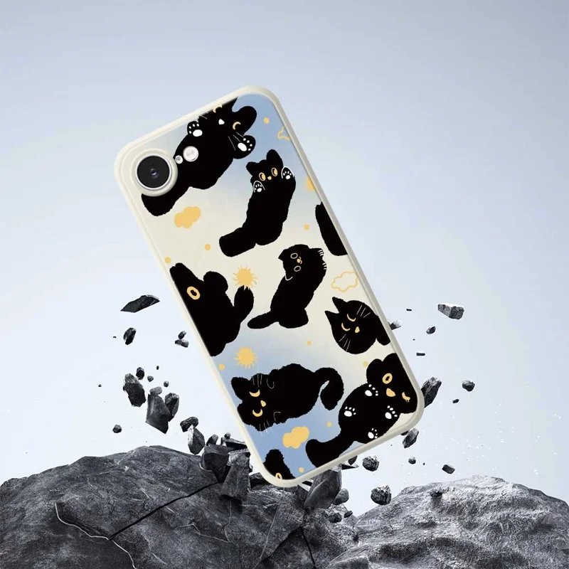 For iPhone 16e Case Cute Black Cat Pattern Printing Straight Edge TPU Phone Back Cover - Beige