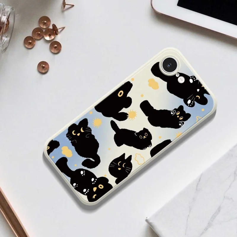 For iPhone 16e Case Cute Black Cat Pattern Printing Straight Edge TPU Phone Back Cover - Beige