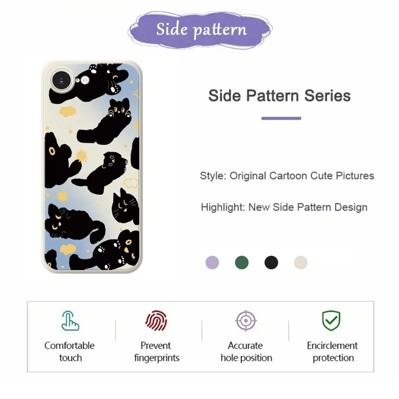 For iPhone 16e Case Cute Black Cat Pattern Printing Straight Edge TPU Phone Back Cover - Beige