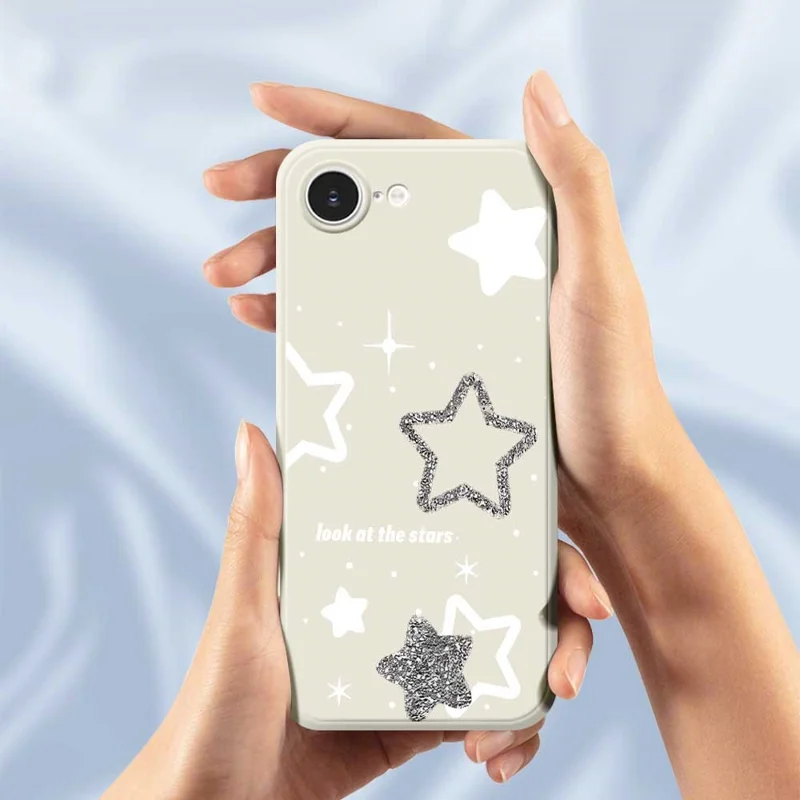 For iPhone 16e Case Cute Stars Pattern Printing Straight Edge TPU Phone Back Cover - Beige