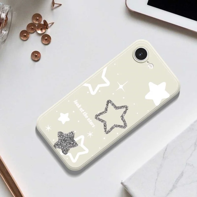 For iPhone 16e Case Cute Stars Pattern Printing Straight Edge TPU Phone Back Cover - Beige