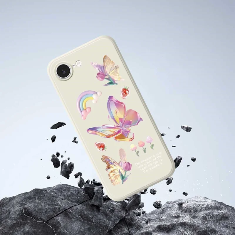 For iPhone 16e Case Colored Butterfly Flower Pattern Printing Straight Edge TPU Phone Back Cover - Beige